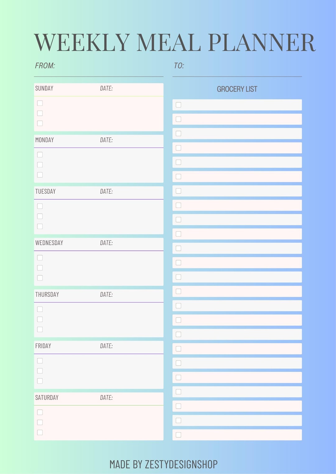 Weekly Meal Planner Printable: Minimalist Grocery List (digital ...