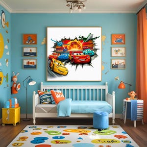 Lightning Race Car Poster: Boys Room Decor (Digital Download, 18x18 inch PNGs)
