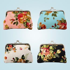 Conjunto de 4 porta-moedas vintage com flores rosas – Bolsa de lona com fecho Kiss Lock, carteira feminina pequena, porta-bijuterias para presente