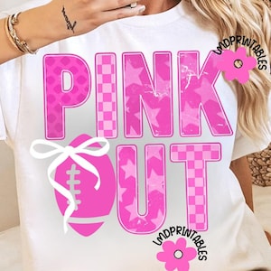 Pink Out Png, preppy football Pink Out Breast Cancer Awareness png Pink Checkered Star Football Mom Png Girly Game Day Png Tackle Cancer Png