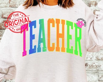 Teacher Png, Neon Teacher Png, Teacher Life Png, Varsity Distressed Teacher shirt png, Retro Teacher Varsity font png