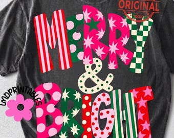 Merry and Bright Png, Merry Christmas Png, Preppy Christmas Shirt Png, Xmas png, Preppy Merry & Bright Sublimation, Colorful Xmas