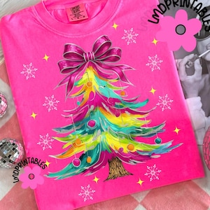 Colorful Coquette Christmas Tree Png, Merry Christmas Design, Bright Color Christmas Coquette Bow Brushstroke Christmas Png, Trendy Xmas png