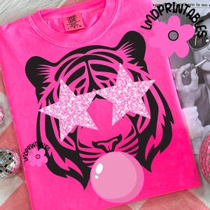 Tiger PNG tiger blowing bubble png Tiger PNG Tigers Mascot Preppy PNG Preppy Mascot Png Pink Glitter Star Preppy Tigers Shirt Sublimation