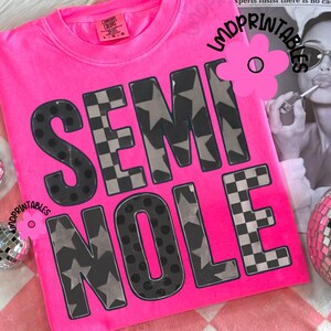 May include: A bright pink t-shirt with the word "SEMINOLE" in large, gray letters. The letters have a mix of patterns, including stars, polka dots, and a checkered design. The shirt is made of a soft material.
