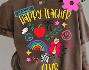 Preppy Happy Teacher Club Png, Preppy Teacher Doodle Png, Teacher Life Png, Doodle Teacher Sublimation, Coquette Teacher Shirt PNG