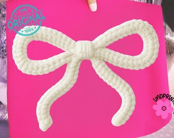 Faux Yarn Embroidered Bow, Latch Hook Yarn Crocheted White Bow Design, Holiday PNG, Coquette Sublimation Png, Coquette Bow Png Faux Yarn Bow