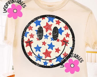 4 juli PNG Smiley Face png Fjärde juli-tröjadesigner Amerikansk PNG Digital Happy USA Retro png Tröjadesign Stjärnor 4 juli Smiley
