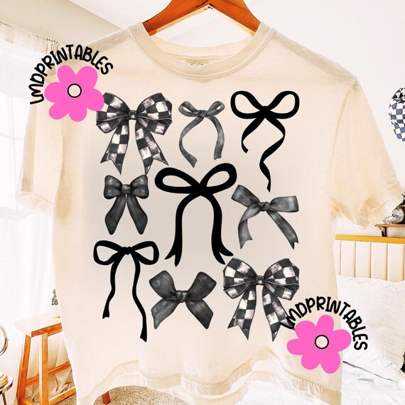 Black Bows PNG, Coquette Black Bows Collage Png, Racing Bows Png Coquette Aesthetic Png Trendy Bow Png Checkered Bows Sublimation Race Shirt