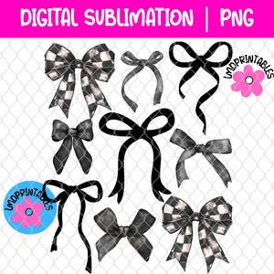 May include: A collection of black and white bows in various styles. Some bows have a checkered pattern, while others are solid black or gray. The image includes the text "DIGITAL SUBLIMATION | PNG" in a pink banner.