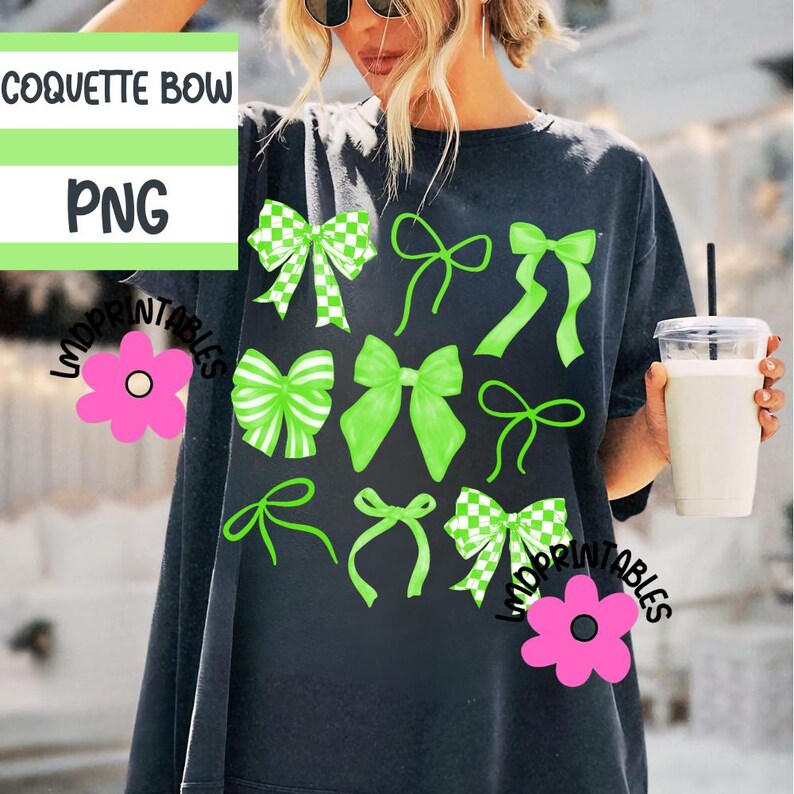 May include: Black t-shirt featuring a collection of green bows in various styles. Some bows have a checkered pattern, while others are solid or striped. The text "COQUETTE BOW" and "PNG" are displayed on the upper left.