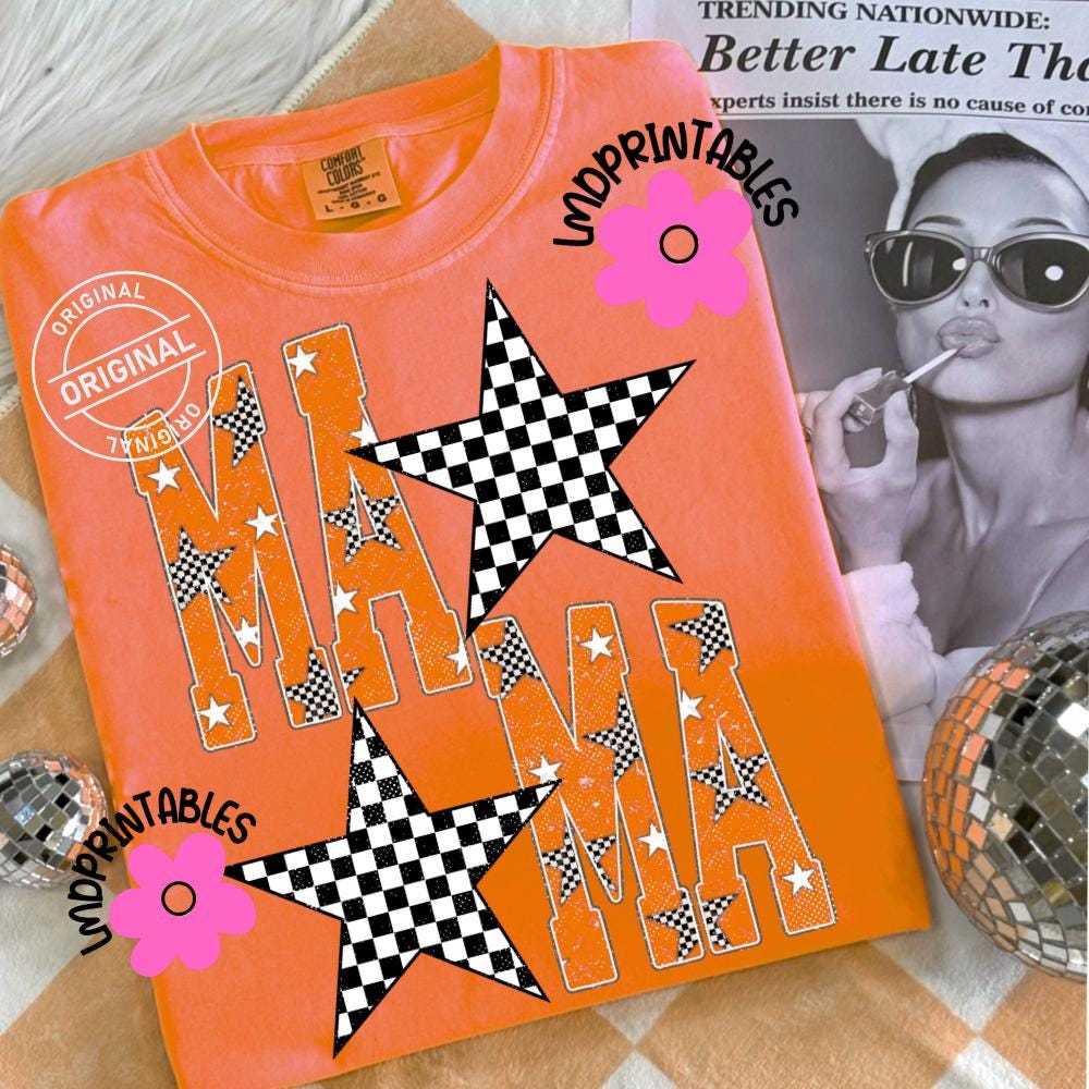 MAMA Png, Checkered Star Mama Png, Checkered Mama Design, Orange