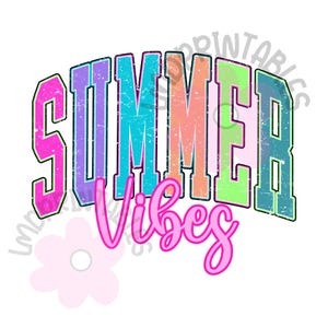 Puede incluir: Gr&aacute;fico colorido con las palabras "SUMMER Vibes". La palabra "SUMMER" est&aacute; en letras de bloque con un efecto desgastado, mientras que "Vibes" est&aacute; en cursiva. La paleta de colores incluye rosa, morado, azul, naranja y verde.