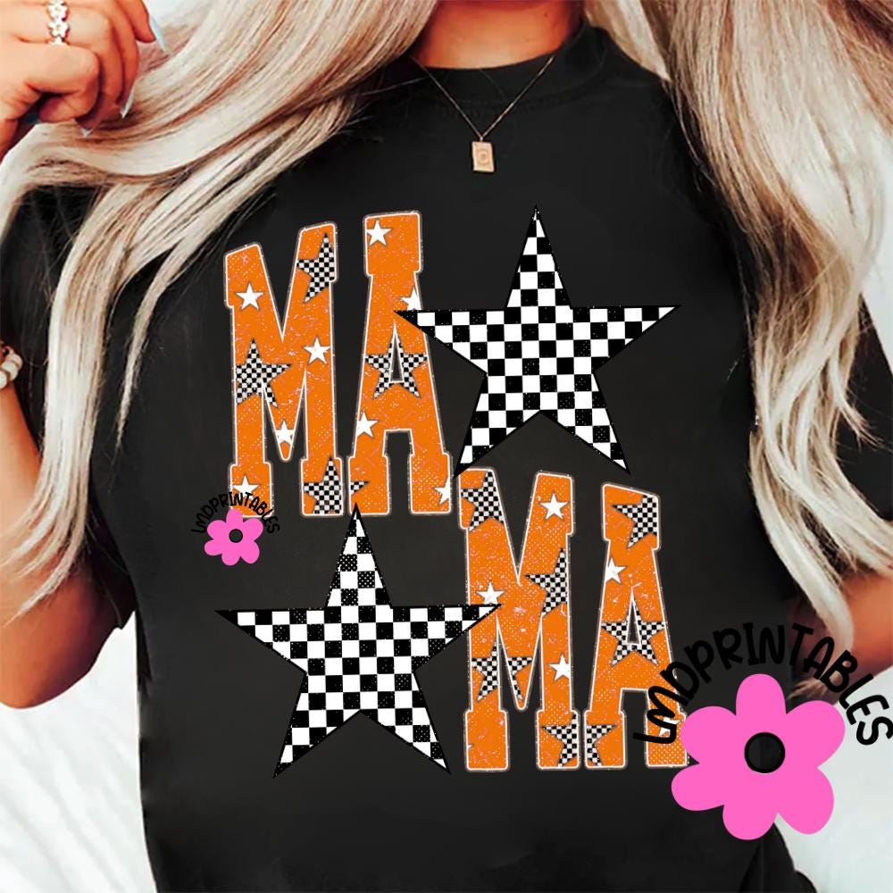 MAMA Png, Checkered Star Mama Png, Checkered Mama Design, Orange