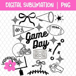 May include: Black and white digital sublimation design with football-themed elements. Includes a football, helmet, megaphone, pennant, and the words "Game Day". Also features a scoreboard, bow, and starbursts.