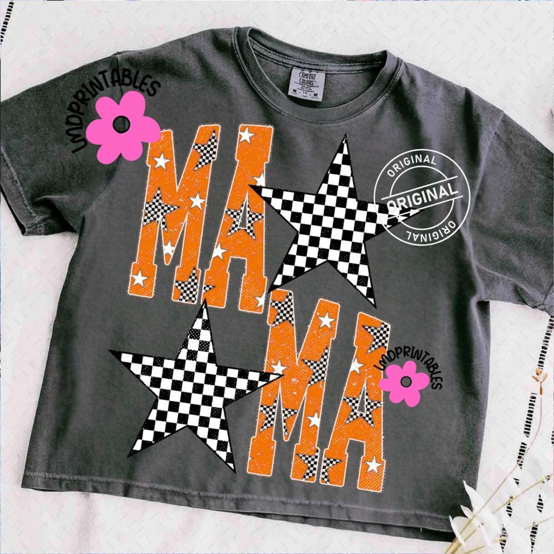 MAMA Png, Checkered Star Mama Png, Checkered Mama Design, Orange