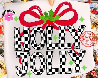 Holly Jolly Png, Merry Christmas Png, Preppy Christmas Png, Coquette Christmas Shirt Png, Checkered  Holly Jolly Sublimation, Retro Xmas Png