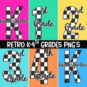 Può includere: Un set di sei grafiche digitali colorate per le classi K-4. Ogni grafica presenta un numero o una lettera con un motivo a scacchiera in bianco e nero, con il grado scritto sotto. I colori di sfondo includono rosa, verde, giallo, blu e arancione.