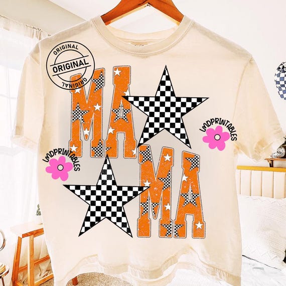 MAMA Png, Checkered Star Mama Png, Checkered Mama Design, Orange