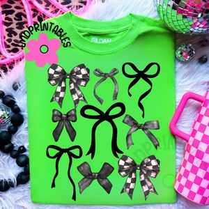 May include: A neon green t-shirt featuring a collection of black and gray bows in various styles. Some bows have a checkered pattern. The shirt also has the text "SHOPPRINTABLES" in a circular design with a pink flower.