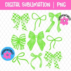 May include: A collection of green bows in various styles, including checkered, striped, and solid designs. The image also includes the text "DIGITAL SUBLIMATION | PNG" in pink and a logo with a pink flower.
