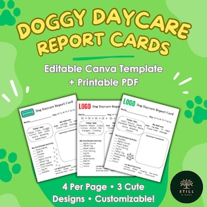 Plantilla editable para boleta de calificaciones de guardería canina / PDF imprimible / 3 diseños, 4 por página / Personalizable con logotipo y comentarios