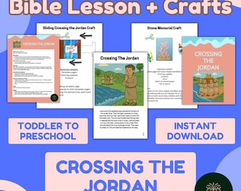 Può includere: Un'immagine blu con il testo "Bible Lesson + Crafts" e "Crossing the Jordan". L'immagine presenta lavoretti stampabili per bambini piccoli e in età prescolare, tra cui un lavoretto scorrevole e un lavoretto commemorativo in pietra. Sono visibili anche le parole "Download istantaneo".