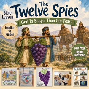 以下が含まれることがあります： 「The Twelve Spies: God Is Bigger Than Our Fears」と題されたデジタル聖書レッスン。棒にぶら下げた大きな紫色のブドウの房を運ぶ二人の男性のイラスト、戦士、ワークシート、子供向けのアクティビティ例が含まれています。