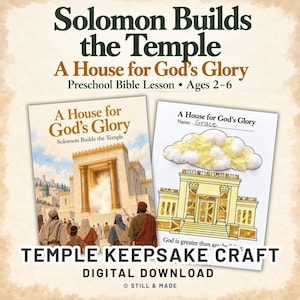 Könnte beinhalten: Eine digitale Bibelstunde für Vorschulkinder mit dem Titel Solomon Builds the Temple: A House for God's Glory. Sie enthält ein illustriertes Deckblatt und ein Bastelblatt mit einer Tempelzeichnung und einer Watte-Wolke.