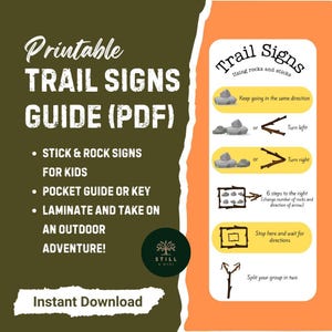 Peut inclure: Un guide de signalisation de sentiers imprimable (PDF) avec des instructions pour les panneaux de bâtons et de roches pour les enfants. Le guide comprend un guide de poche ou une clé et est conçu pour être plastifié pour les aventures en plein air.