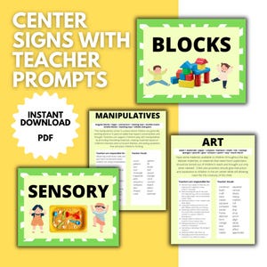 Peut inclure: Affiches de centre imprimables avec des invites pour les enseignants pour une salle de classe. Les affiches sont vertes et jaunes avec des illustrations d'enfants qui jouent. Les affiches comprennent les mots "Blocs", "Manipulations", "Sensoriel" et "Art".