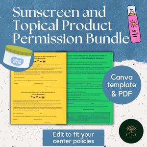 May include: A bundle of permission forms for sunscreen and topical products, with a diaper cream graphic and a pink SPF spray bottle illustration. The text reads "Sunscreen and Topical Product Permission Bundle". Includes a Canva template and PDF.