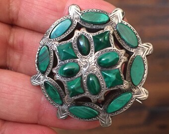 Antique Victorian C. 1890 Malachite and Sterling  Brooch