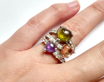 Vintage Crystal & Pastel Glass Hearts Ring