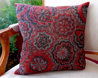 Intricately Beaded Red Floral Throw Pillow