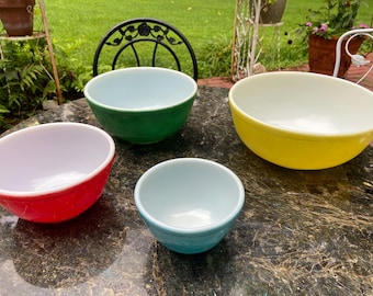 Pyrex Group of 1950's Mixing Bowls in Red Yellow Green and Blue