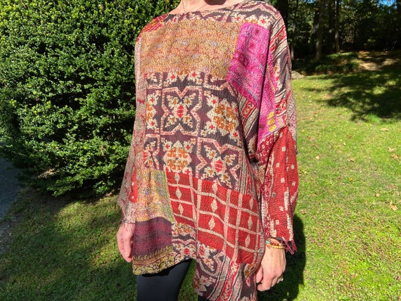 Indian Vintage Silk Tunic with Totally Hand Stitc… - image 9