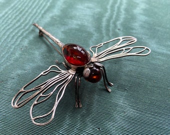 Sterling Silver and Amber Dragonfly Brooch