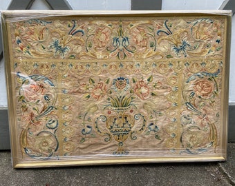 Italian 18c Silk Embroidered Portal of Garden Urn and Flowers