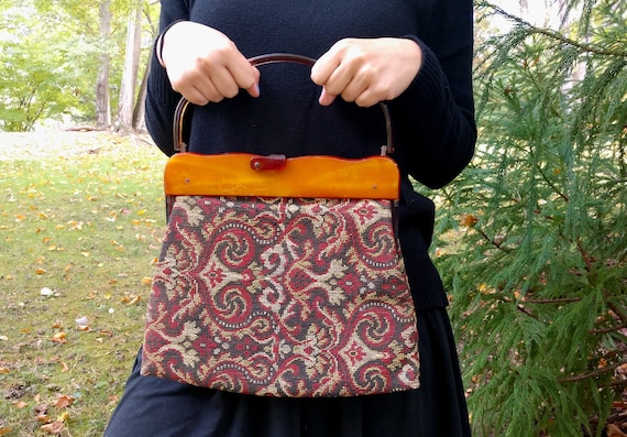 Mid Century Lucite and Swirls Ladies Carpet Bag 