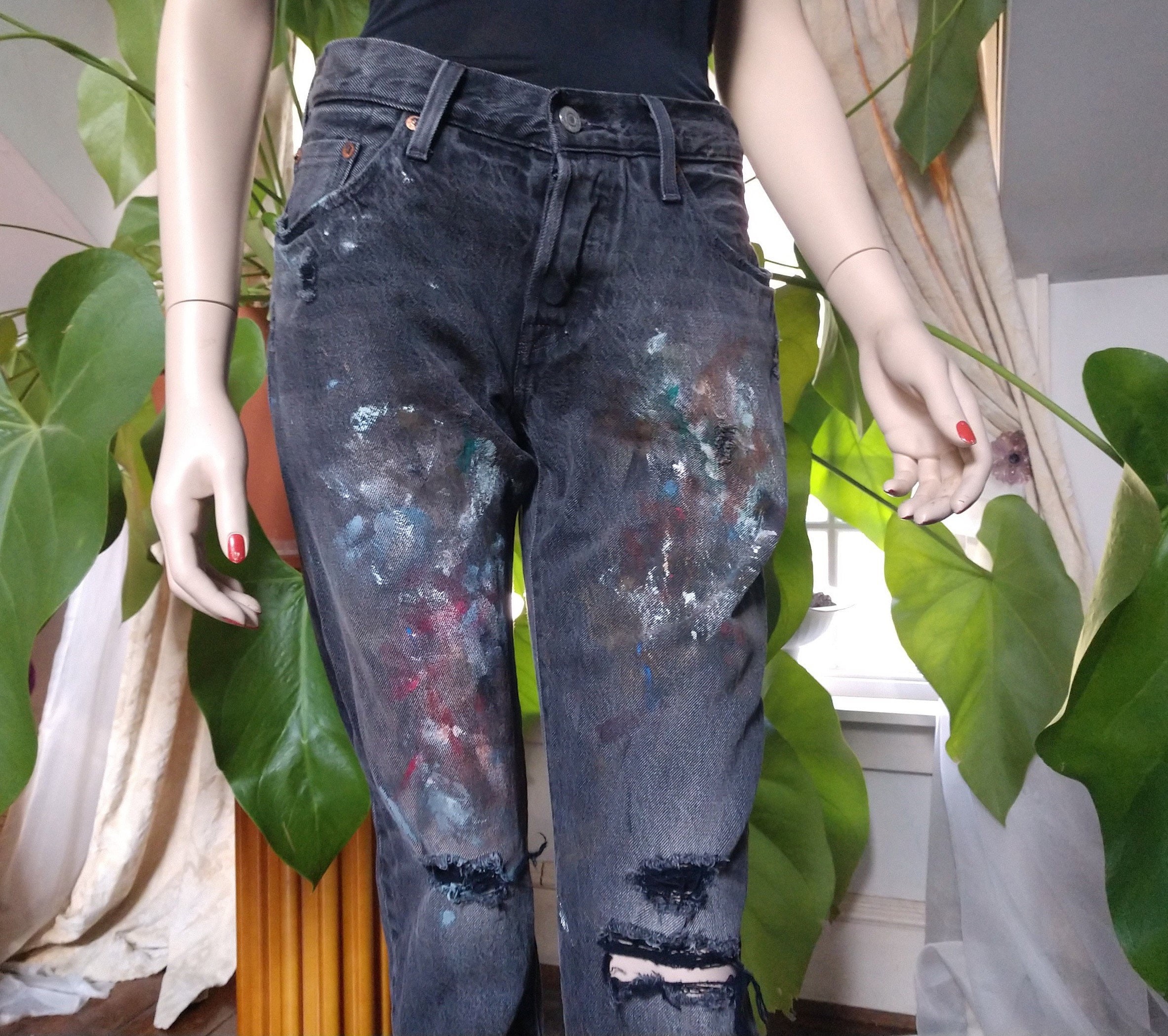 INSILENCE Cream Stained Painting Denim Pants | Depop