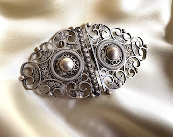 Unique Vintage Silver Belt Buckle with Filigree and Circular Twists