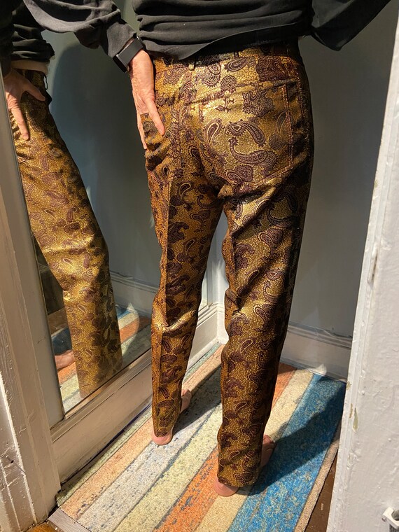 Metallic Gold Brocade Skinny Legs Paisley Woven D… - image 7