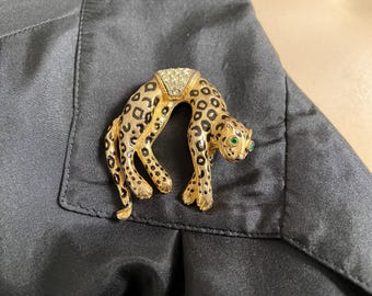 Vintage Arched Back Leopard Brooch with Green Crystal Eyes - Collector's Item