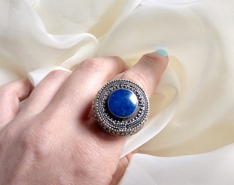 Silver Vintage Indian Lapis Statement Ring