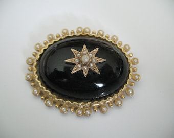 1940's ART Enamel and Pearl Victorian Style Oval Brooch