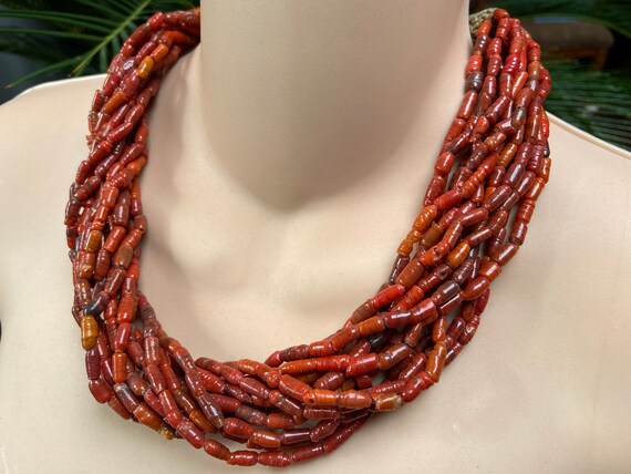 1930's Indian Coral Glass 12 Strand Necklace - image 9