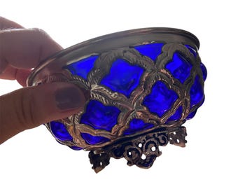 Blue Glass Bowl with Decorative Silver Overlay