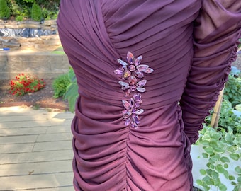 Adrianna Papell Burgundy Ruched Gown with Embellished Bodice