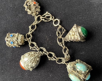 Vintage  Etruscan Five Charm Multi Stone Bracelet